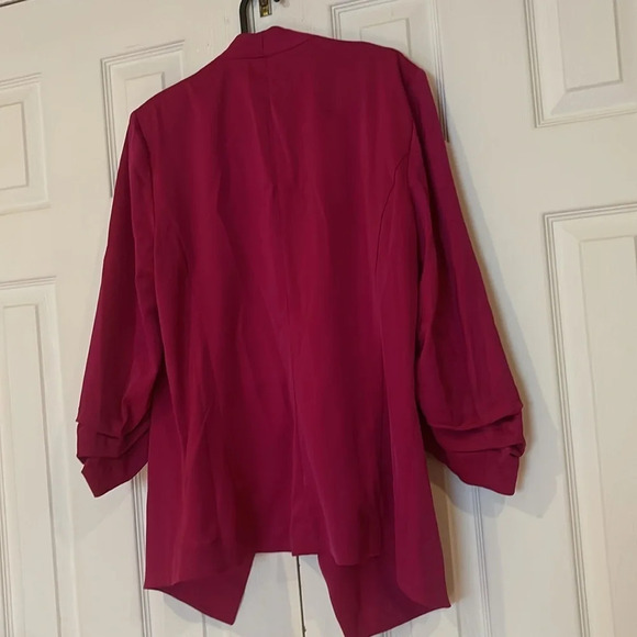 RACHEL ZOE Elegant Fuchsia Pink Open Front 3/4  RushGathered Sleeve Blazer Sz L - Picture 13 of 15